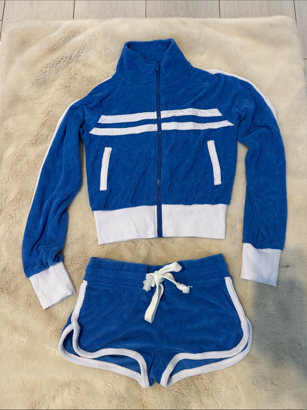 Katie J NYC Royal Blue Terry jacket & Drawstring Athletic Shorts with White Trim